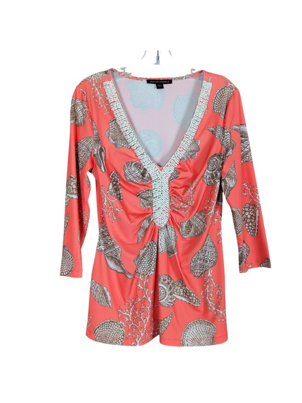 Boston Proper Tunic Women S Seashell Beaded Coral Ruched Coastal Resort Top